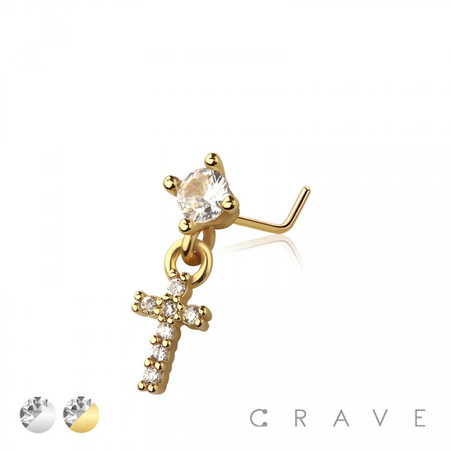 CRAVE - Wholesale Nose Ring - CZ CROSS DANGLE CZ 316L SURGICAL STEEL L-SHAPE NOSE RING2