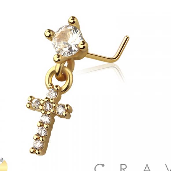 CRAVE - Wholesale Nose Ring - CZ CROSS DANGLE CZ 316L SURGICAL STEEL L-SHAPE NOSE RING2