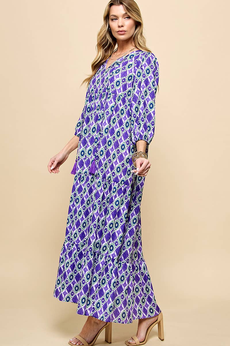 Cezele - Wholesale Dress - Women's - 3/4 Lantern Sleeve Print Boho Maxi Dress15
