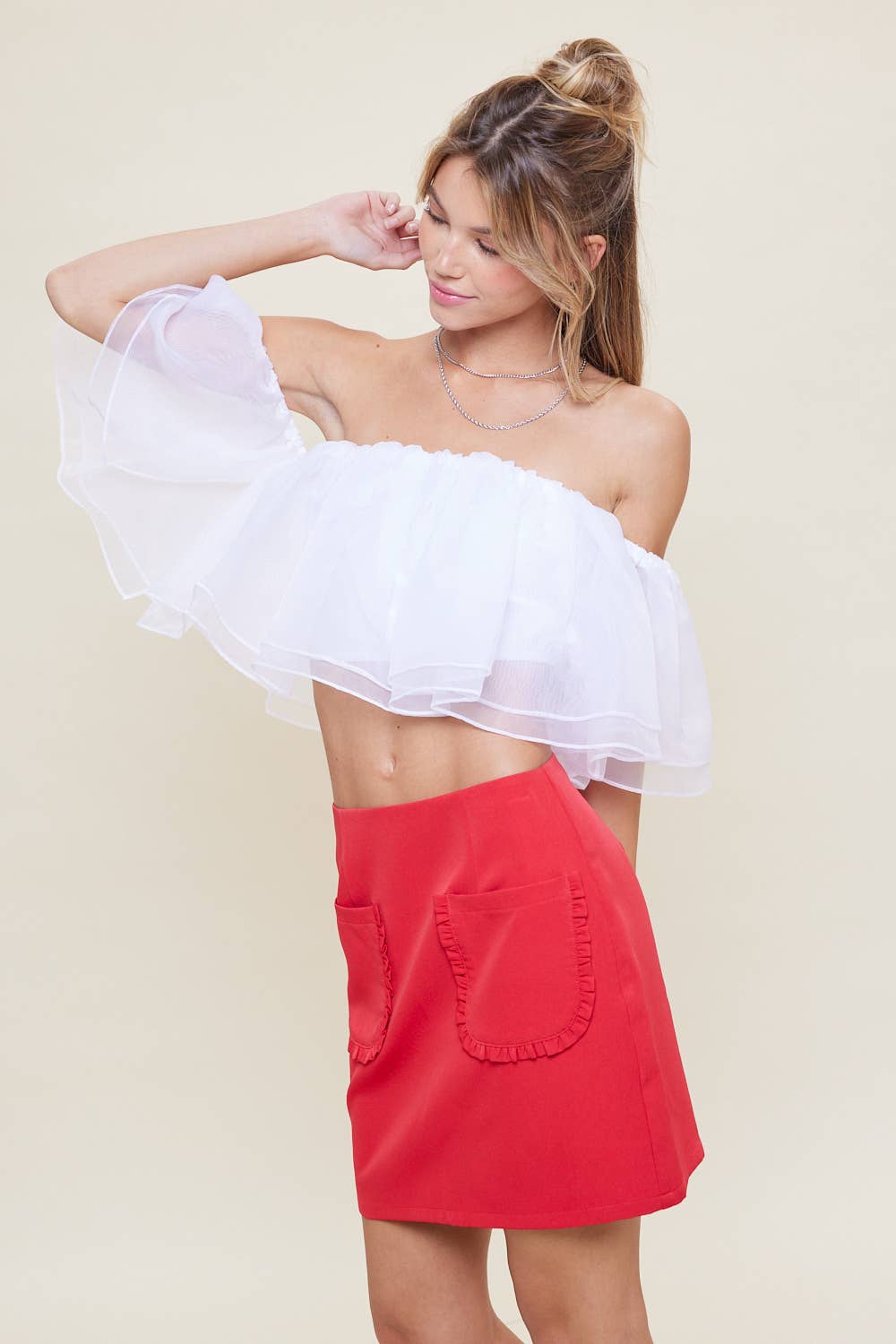 idem ditto - Vendita all'ingrosso Camicetta - Donna - TOP CORTO TRASPARENTE CON SPALLE SCOPERTE E VOLANT1