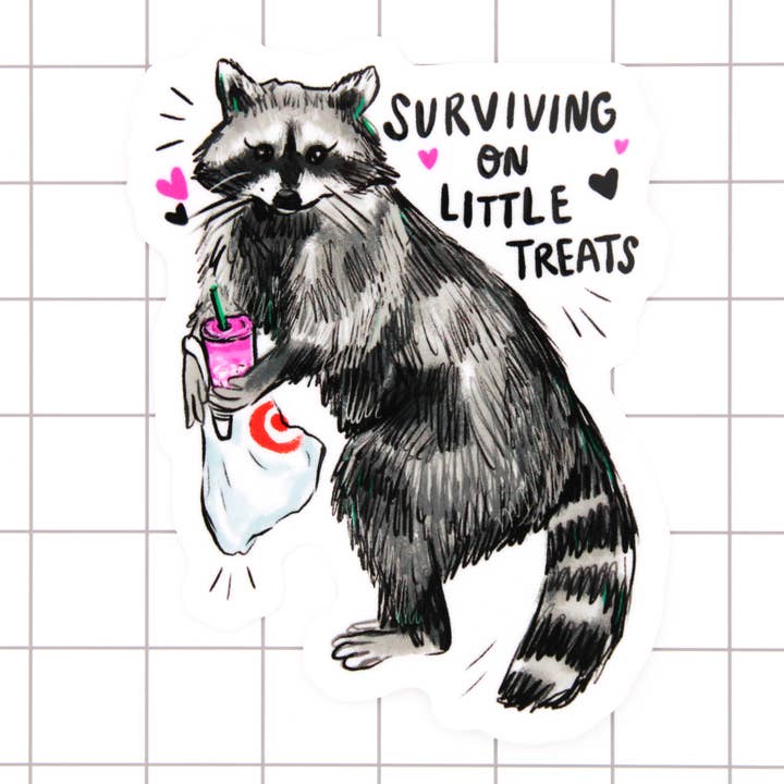 Little Treat Raccoon vinylsticker voor wholesale door Amy Hartelust Art and Illustration