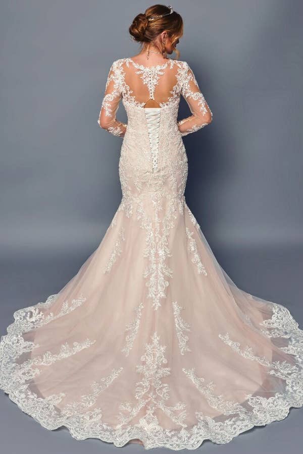 Babyfox Apparel - Vendita all'ingrosso Abito da sera - Donna - Abito da sposa a sirena con maniche lunghe trasparenti e scollo a cuore6