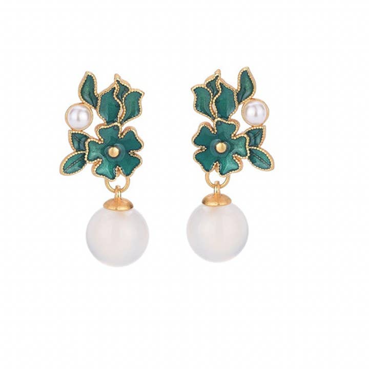 Emaille-Blume mit Perle und Jade Ohrringe für den Großhandel von Bright MacMing