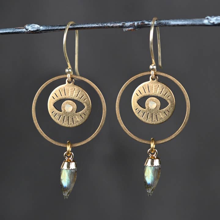 Eyes w/ Circle & Semi Precious Crystal Point Earrings for wholesale by KBD Studio