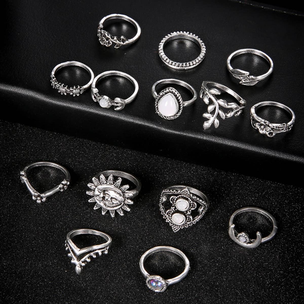 Silver CWASC1952_WATER DROP SUNFLOWER MOON SUN HOLLOW RING SET for wholesale on Faire3