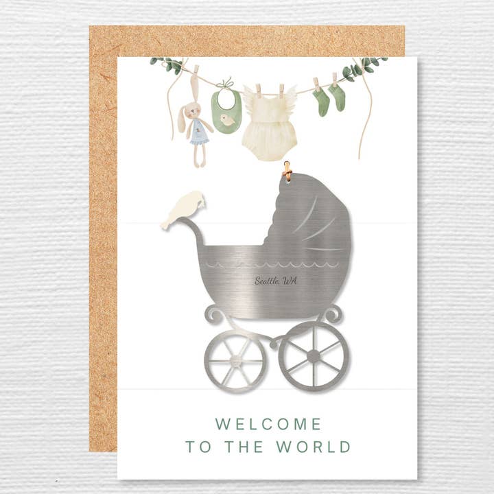 Baby Pram Ornament- Baby's Welcome to the World 5x7 Card for wholesale by Authenticaa