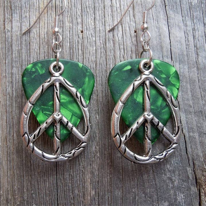 Simply Raevyn - Wholesale Dangle Earrings - Large Oval Peace Sign Charm Guitar Pick Earrings4