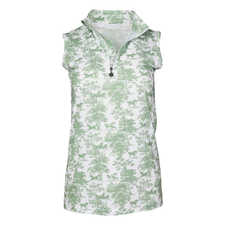 Dapplebay Equestrian Toile 1/4 Zip Light Riding Top - Sleeveless-Green/White for wholesale by Dapplebay