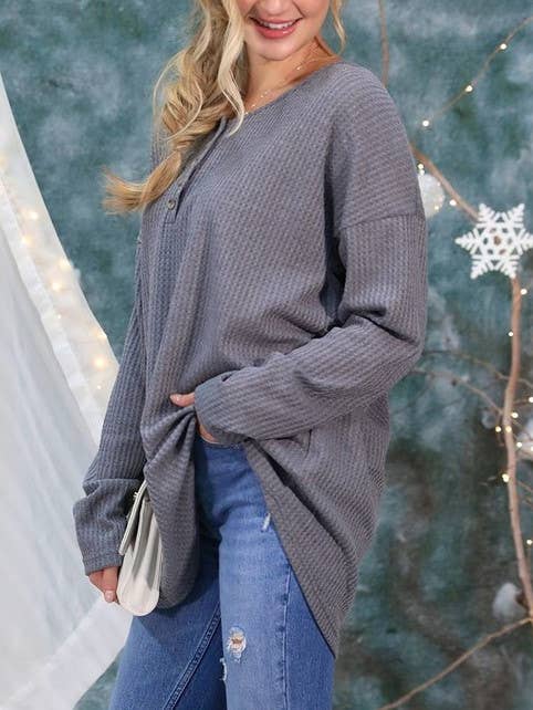 Rosa Clothing - Wholesale Knit Top - Women's - BUTTON Placket Long Sleeve Waffle Top6