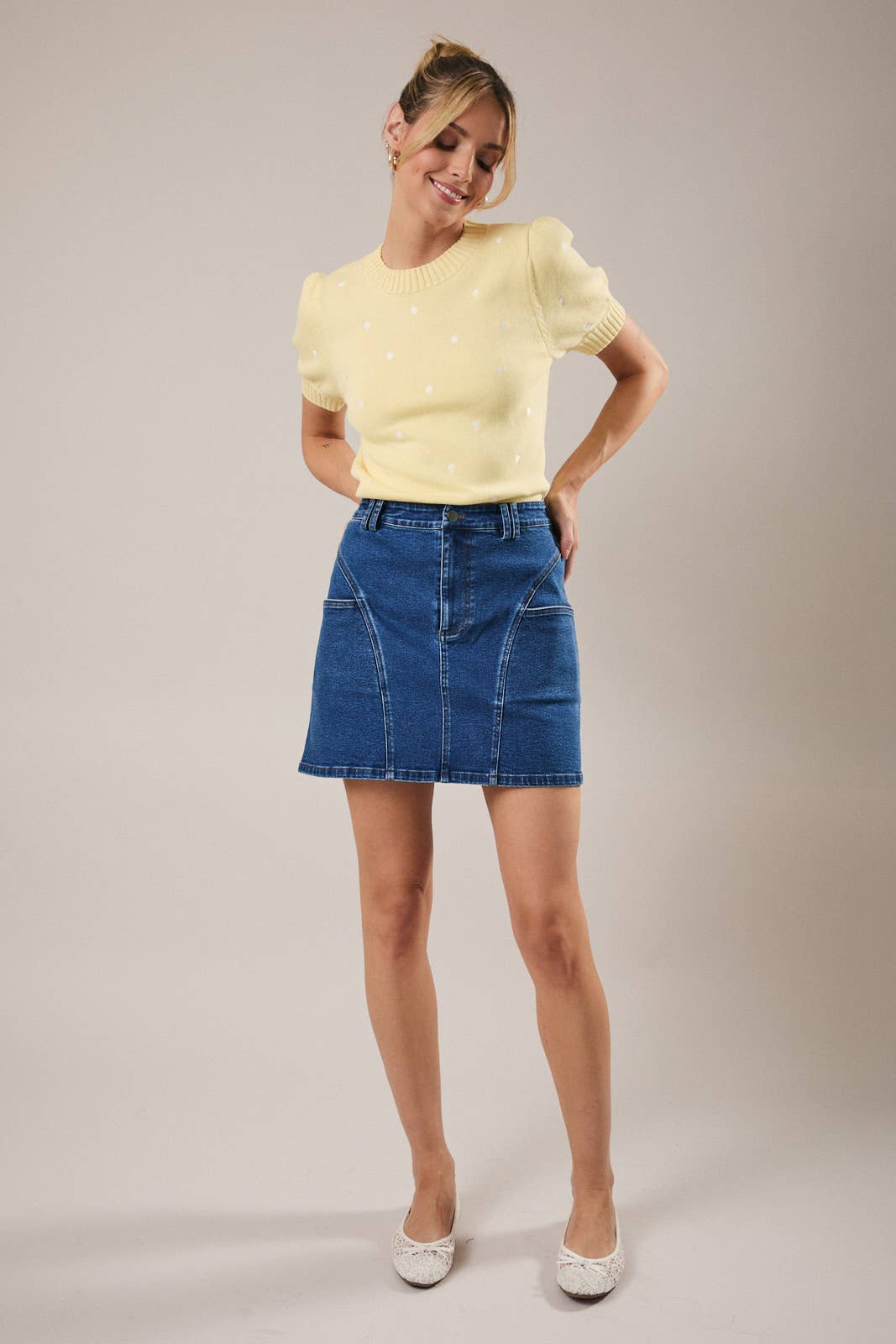 Sunday Edition - Wholesale Knit Sweater - Women's - ROUND NECK PUFF SHORT SLEEVE "POLKA DOT" EMBROIDERED SWEATER34