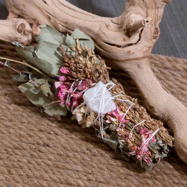 Andaluca - Wholesale Smudge Stick - 6" Pink Flower Floral Smudge Wand with Quartz Crystal1