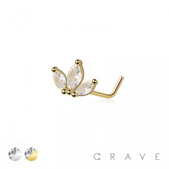 CRAVE BODY JEWELRY - Wholesale Nose Ring - CZ MARQUISE LEAF FAN 316L SURGICAL STEEL L SHAPE NOSE RING1