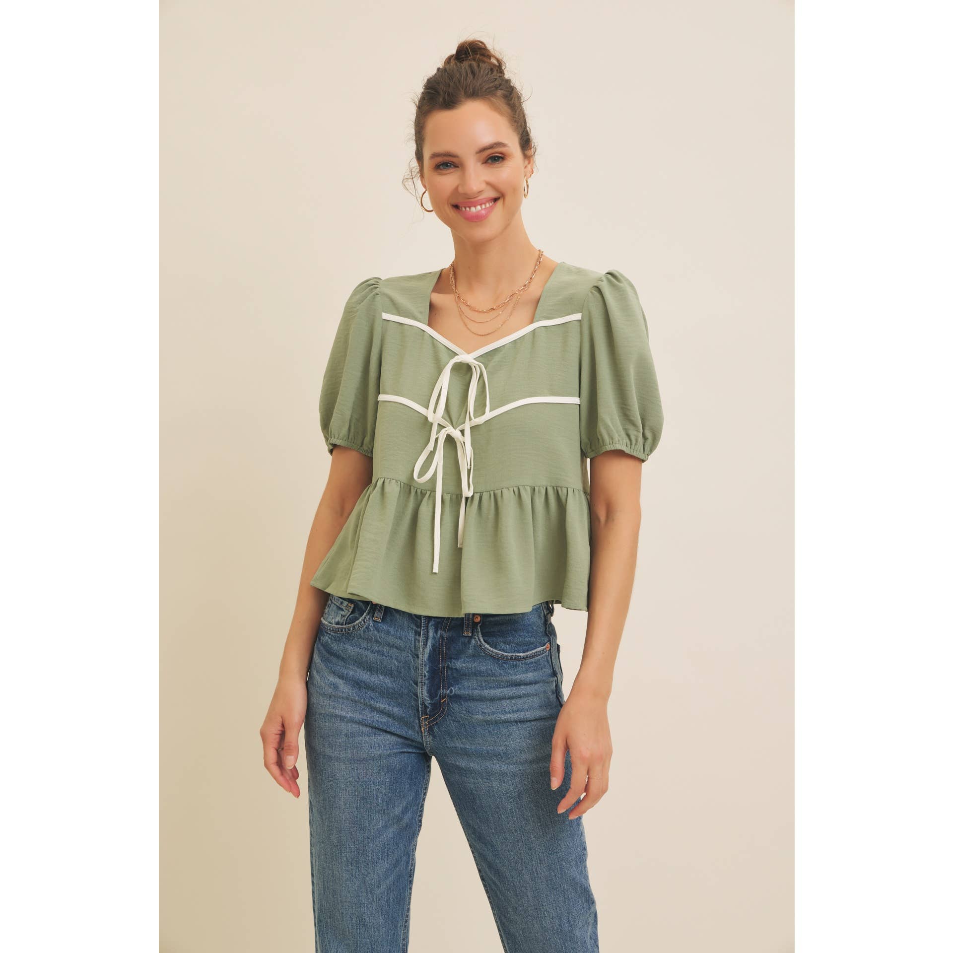 in february - Vente Chemisier – femme - BLOUSE BABYDOLL CHARMANTE AVEC NŒUDS CONTRASTÉS21