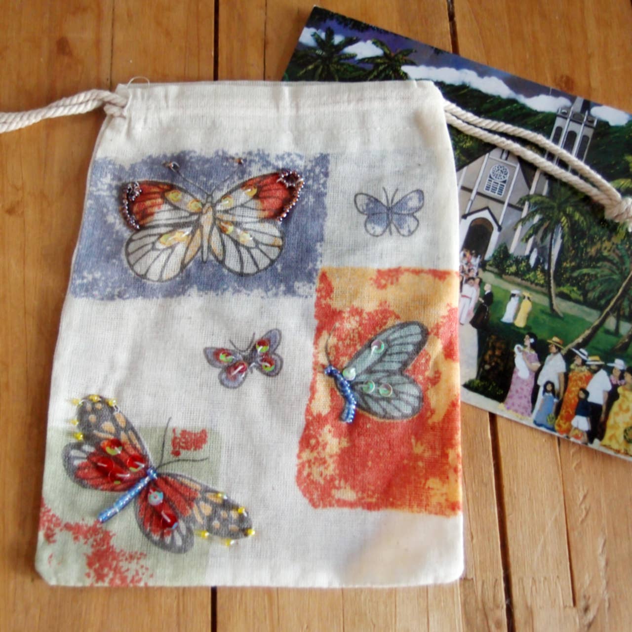 Packaging Decor – Mala com cordão – Mulher por atacado – Bolsa de algodão com cordão Butterfly Art1