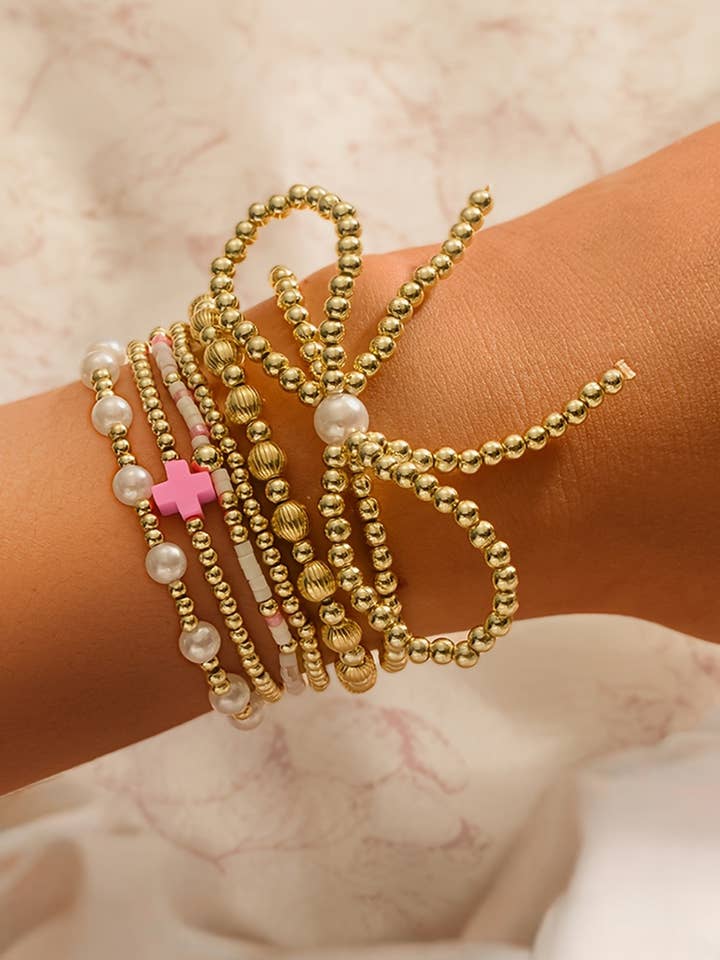 LDC Bow Knot Pearl Decor Beaded Plated Layered Bracelet for wholesale by Little Daisy Closet