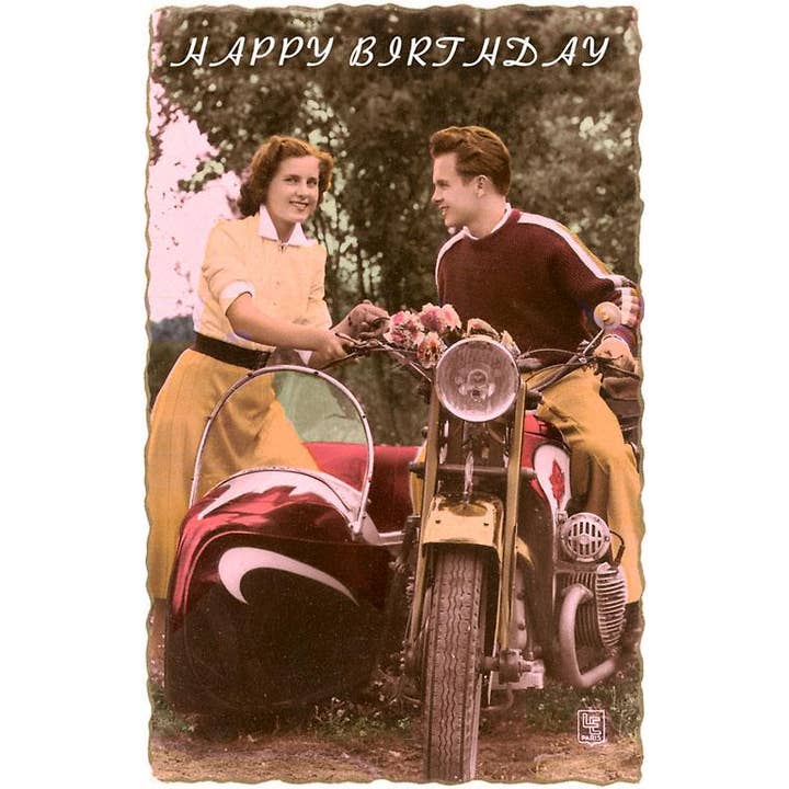 Found Image Press – Großhandel Postkarten – Postkarte HB-106 Alles Gute zum Geburtstag, Motorrad und Beiwagen