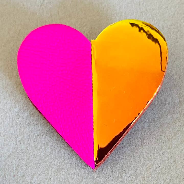 Half-heart heart brooch, holographic recycled leather brooch for wholesale by Moni Kréation