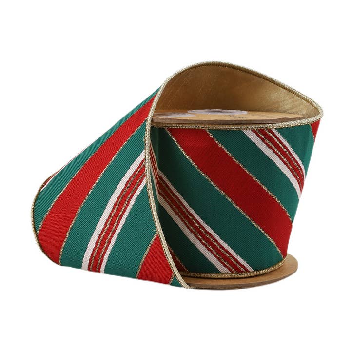 4" Wired Jacquard Ribbon | Red/Green Christmas Stripes w/ Gold Backing | 5 Yard Roll
for wholesale by LA Ribbons Wholesale