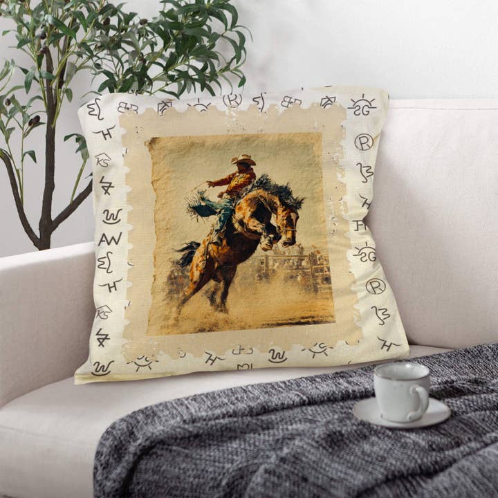 Baha Ranch Vintage Rodeo Stamp Throw Pillow Made in America for wholesale by BAHA RANCH WESTERN WEAR