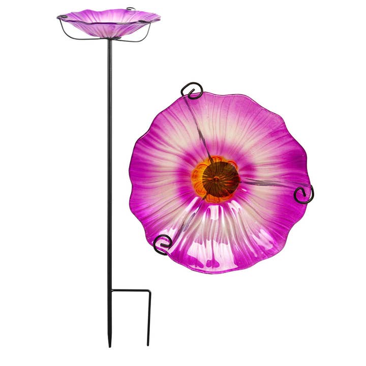 Bird Baths 29IN Height with Metal Stake Purple Flower Design for wholesale by G128