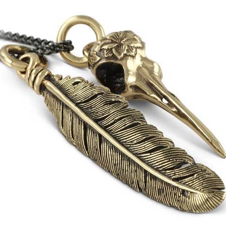 Hummingbird Skull & Feather Necklace - Bronze for wholesale by Lost Apostle