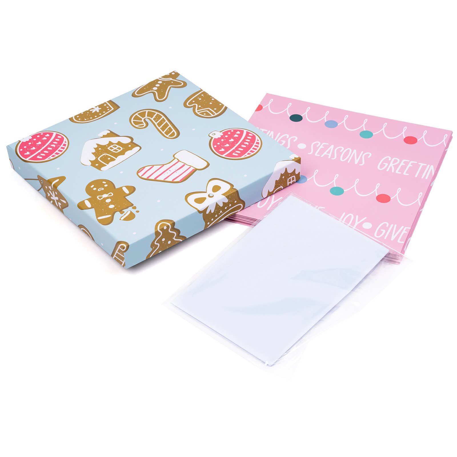 LA Ribbons Wholesale - Vente Coffrets cadeaux - Boîte cadeau de vacances pliable 9" x 9" x 9" avec 2 feuilles de papier de soie blanc et couvercle amovible | "Ornements de Noël" Rose/Bleu5