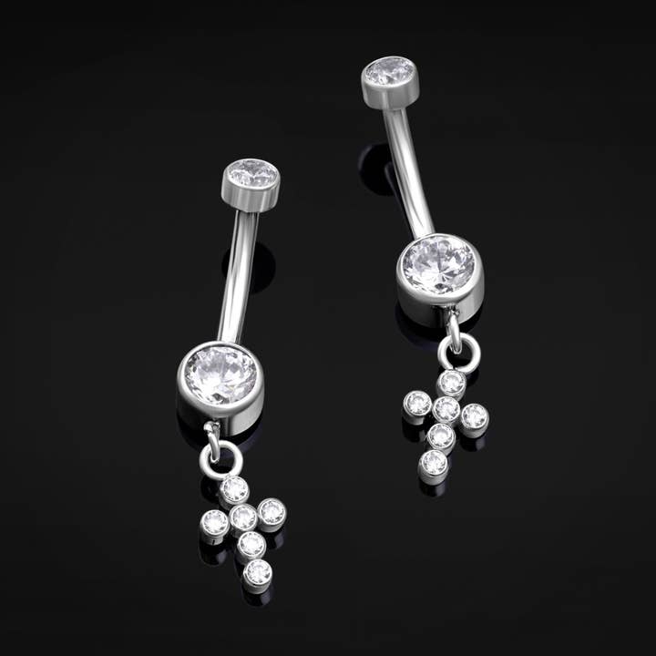 Custom Plugs - Wholesale Gauge/Plug Earrings - Titanium Jewelled Cross Dangle Internally Threaded Bananabell 1.6mm Gauge in Silver