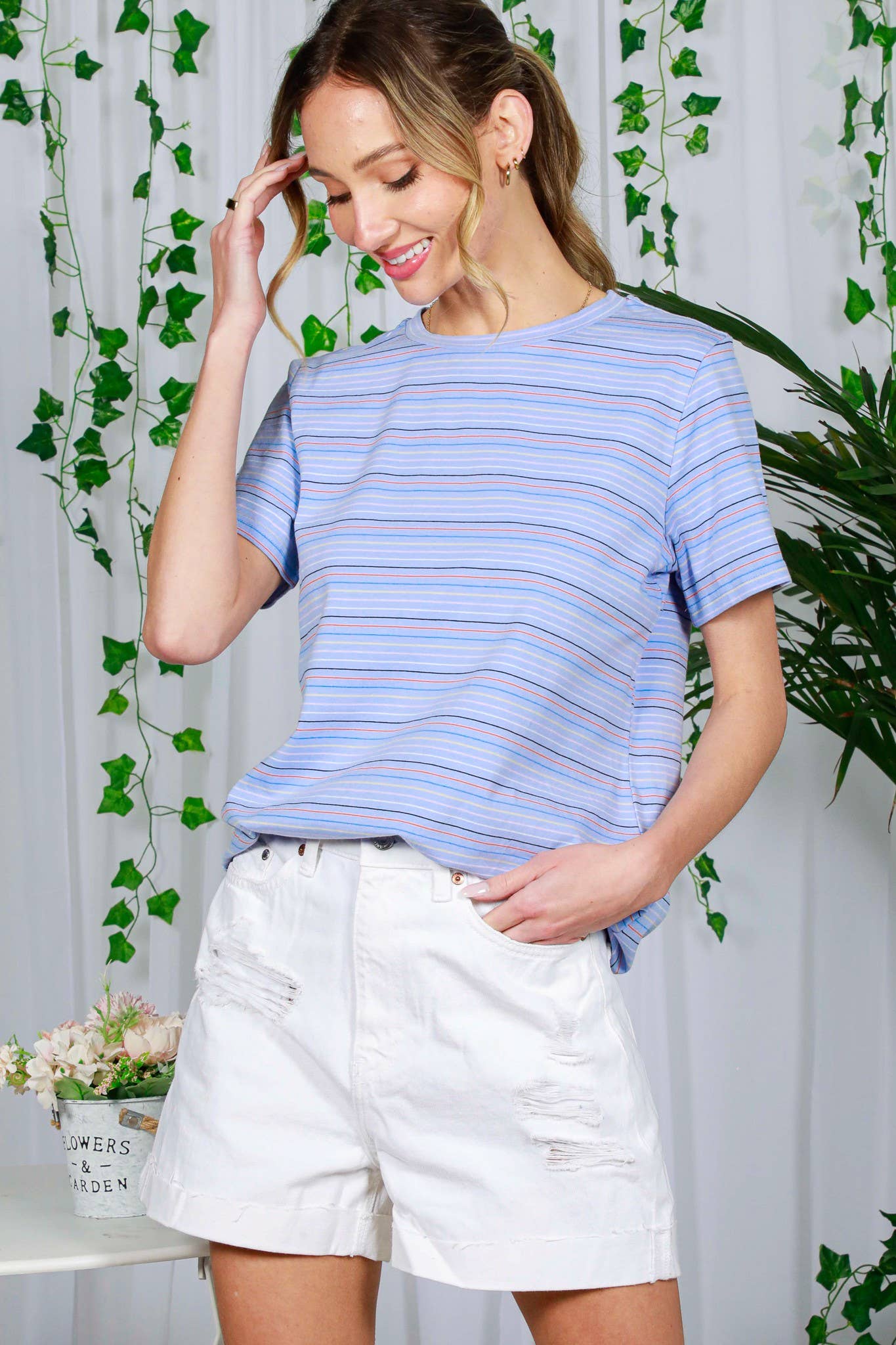 Vine & Love - Wholesale T-Shirt - Women's - Crew Neck Short-Sleeve Multi Striped Cotton Top VT81439A4