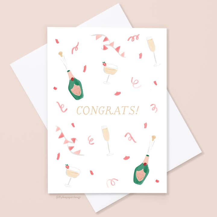 Champagne Confetti Congratulations Card for wholesale by Fly Like Paper Design