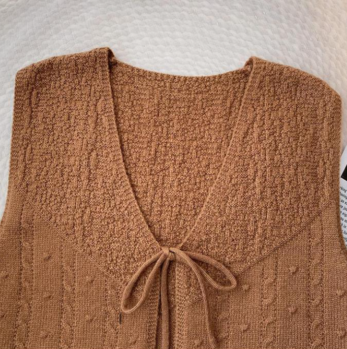 Rosa Clothing - Wholesale Knit Top - Women's - V-neck Ribbon Bow tie front lace up knit Cardigan gilets4