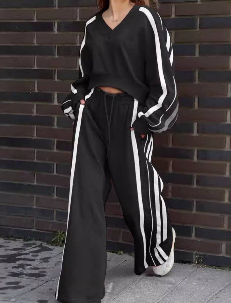 safistyle - Wholesale Lounge Set - Women's - Striped Oversized Top and Wide-Leg Pants Set
