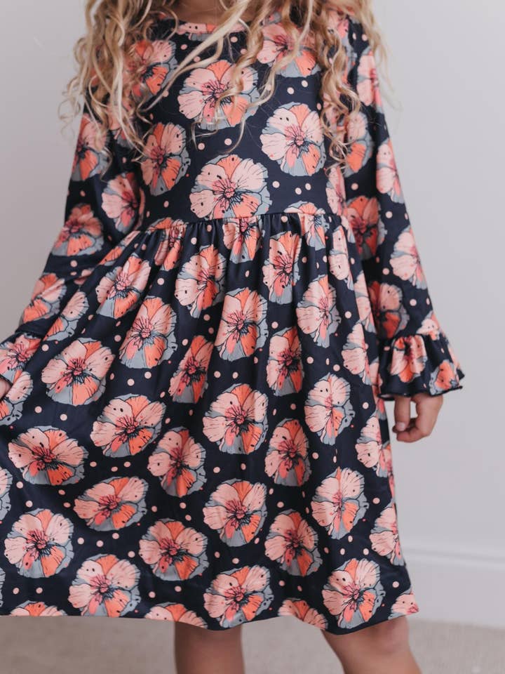 Kids Claire Black Flower Print Fall Twirl Dress for wholesale by Adorable Sweetness