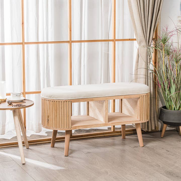 Nordlys - Wholesale Bench - ISUMI Beige Velvet and Wood Storage Bench