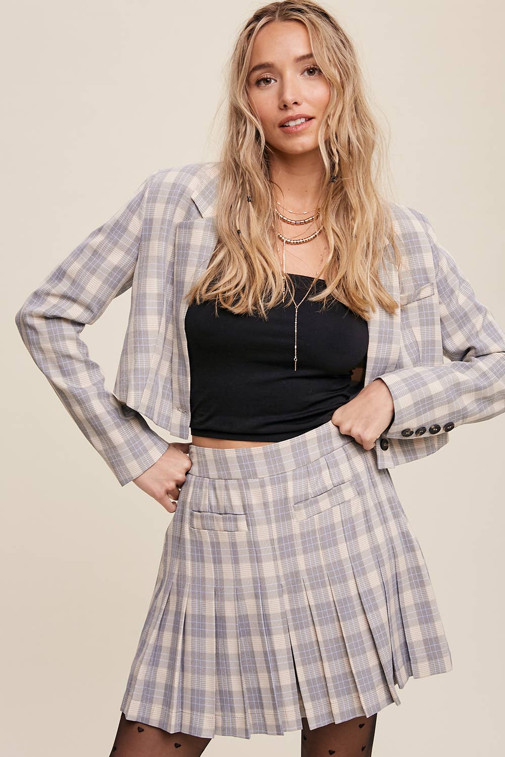 Listicle - Wholesale Top & Short Set (NOT Loungewear) - Women's - Plaid Cropped Blazer & Pleated Skort Set LSET1250