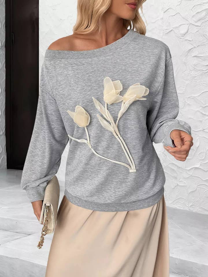 Floral Applique Boat Neck Sweatshirt for wholesale by React Activewear