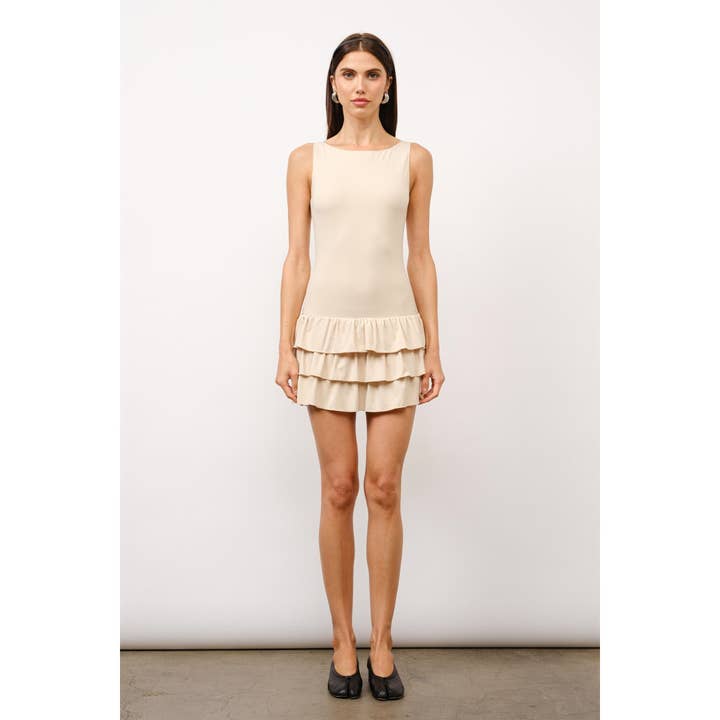 Rosalie Tiered Mini Dress in Travertine for wholesale by Loucia