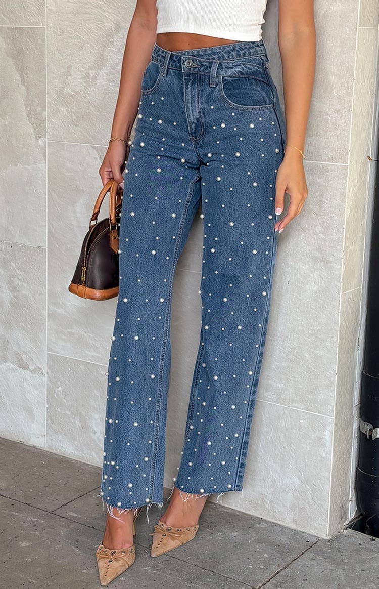 BLUE Crossbody retro beaded straight-leg denim trousers for wholesale on Faire1