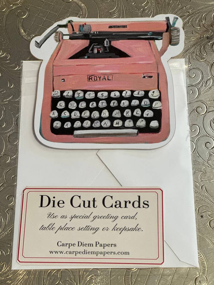 Pink Typewriter Fancy Die Cur Card for wholesale by Carpe Diem Papers