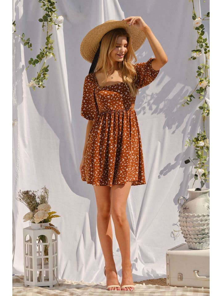 BROWN DND1235 FLORAL KNIT BABYDOLL DRESS for wholesale on Faire