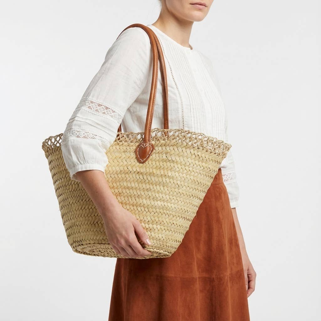 Melecraft - Vente Tote bag – femme - Panier de marché français en paille avec poignées en cuir1