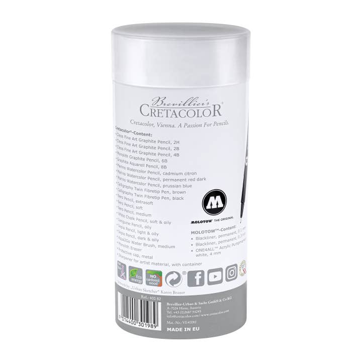 MacPherson's - Wholesale Sketchbook/Sketchpad - Cretacolor Urban Sketching Set, Cylinder Tin Can 24 Piece