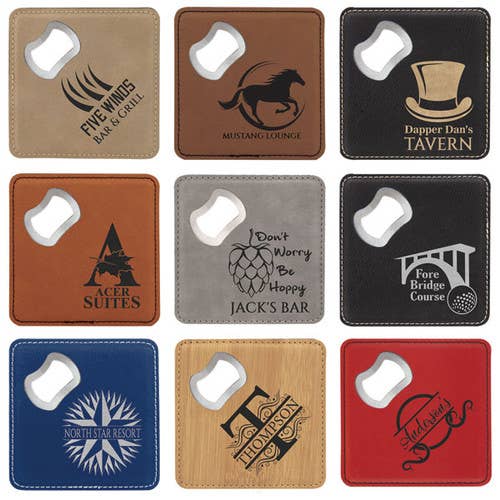 4" x 4" Square Laserable Leatherette Bottle Opener Coaster for wholesale by Happy Gift Express