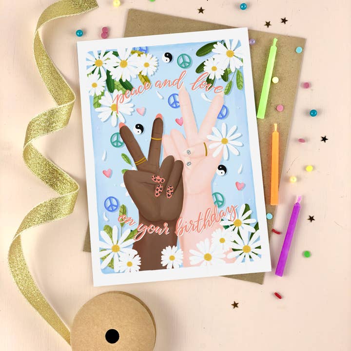 Cartão de aniversário Paz e Amor por atacado de The Little Posy Print Company