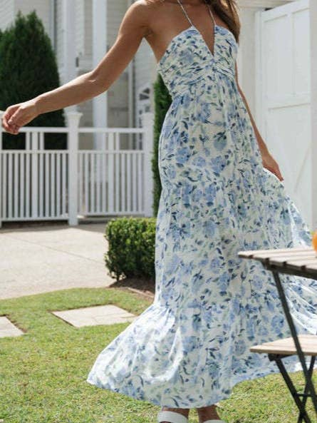 Rosa Clothing - Wholesale Dress - Women's - Plunge halter backless floral swing maxi sun dress6