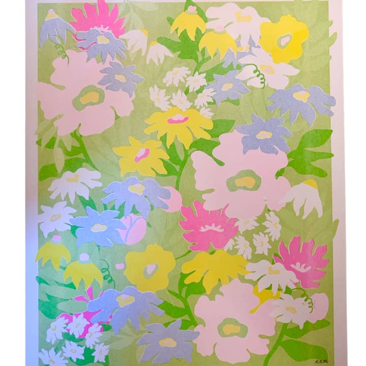Risograph Print - Flower Field (Greens) 11x14” for wholesale by StitchPrism
