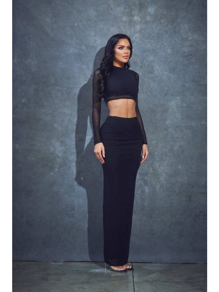 Black 2 PC Rhinestone Mesh Skirt Set for wholesale on Faire