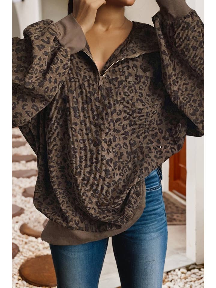 Little Daisy Closet - Wholesale Sweatshirt - Women's - LDC Leopard Print Quarter Zip Corduroy Sweatshirt2