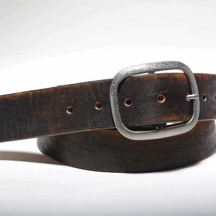 Regan Flegan - Wholesale Belt – Unisex - Vintage Distressed Black Brown Leather Belt with Antique Silver or Brass Buckle3