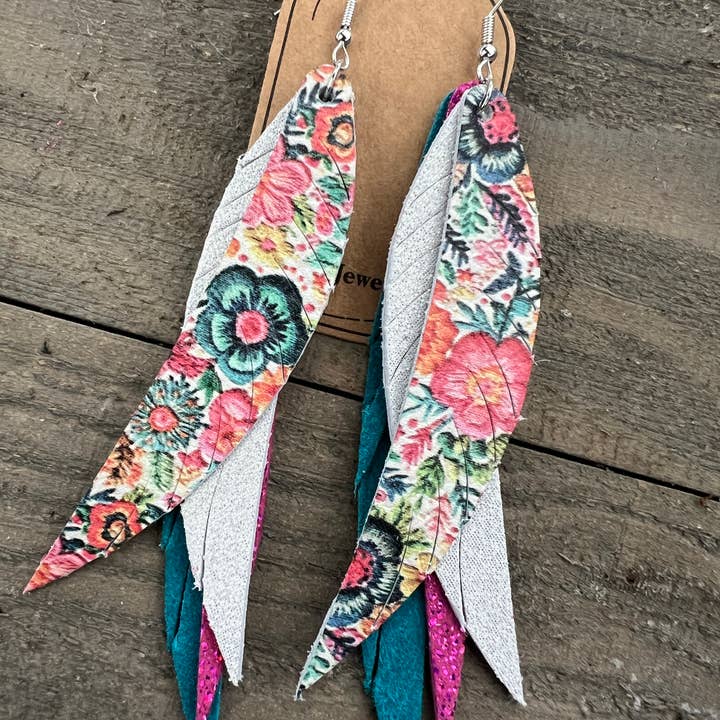 Spring Pink and Teal Floral Fringe Feather Leather Earrings for wholesale by Jill's Jewels