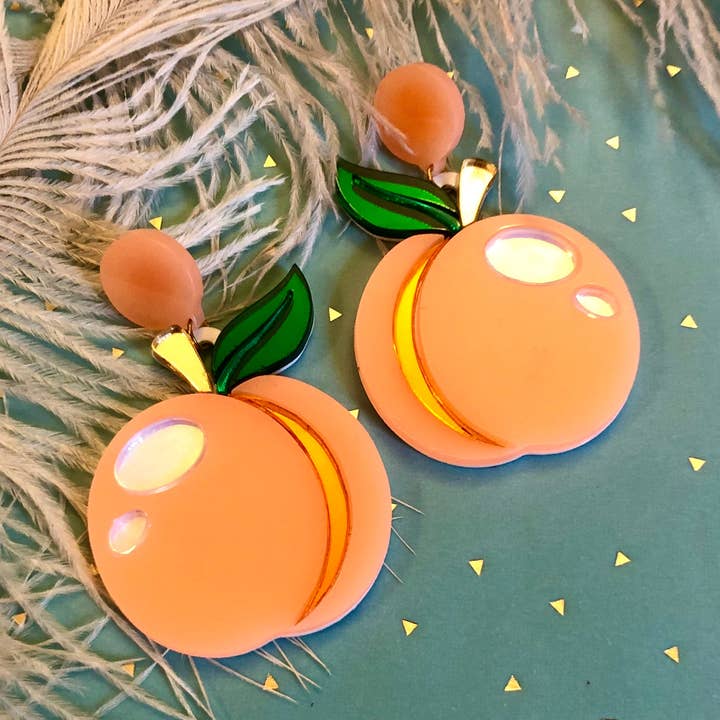Peach Earrings, Fruit Summer Laser Cut Acrylic, Plastic Jewelry for wholesale by I'm Your Present